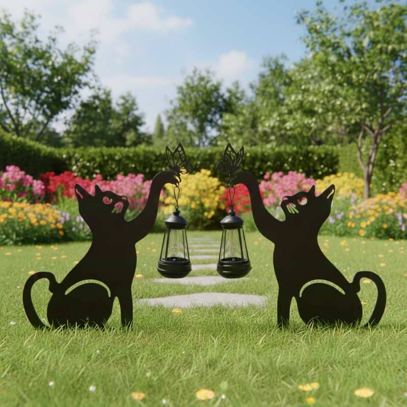 Estaca Luz Solar Decorativa Exterior - Modelo “Set x2 Gatos Linterna”