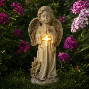 Estatua Lámpara Solar Decorativa Para Jardin – Modelo “Ángel con Cruz Iluminada”